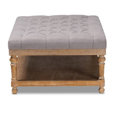 Lindsey Grey Linen and Greywashed Wood Tufted Cocktail Ottoman