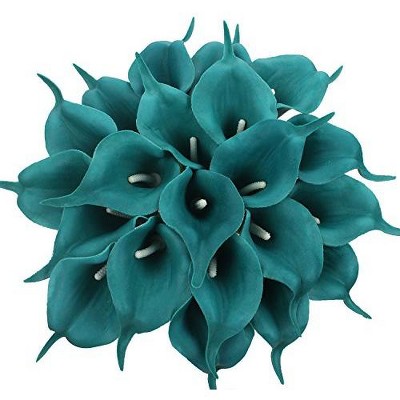 Duovlo 20pcs Calla Lily Bridal Wedding Bouquet Lataex Real Touch Artificial Flower Home Party Decor (Peacock Blue)