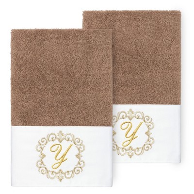 Linum Home Textiles 100% Turkish Cotton MONICA Gold Thread 2PC Embellished Hand Towel Set