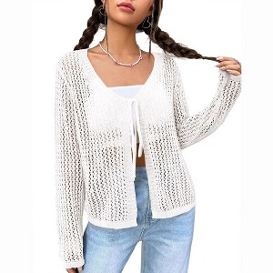 Coolmee Women's Lightweight Crochet Cardigan Tie Front Shrugs Knit Crop Tops - 1 of 3