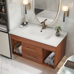 KWPZQEB 35.4" Bathroom Vanity with Ceramic Sink, Bathroom Sink Cabinet with 2 Drawers & 2 Storage Spaces, Floating Bathroom Vanity for Bathroom, Brown - 1 of 4