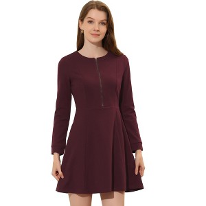 Allegra K Women's Vintage Plaid Houndstooth Long Sleeve Office Zip Front Flare Mini Dress - 1 of 4