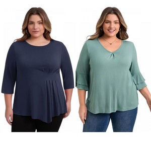 GRACE & GRANDEUR Women's Plus Size 2 Pcs Set 3/4 Sleeve Top and Waist Pleated Asymmetric Hem Blouses - 1 of 4