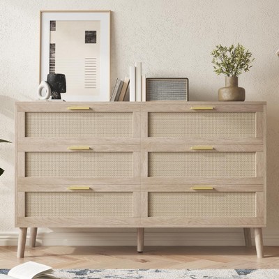 Image of 6 Drawer Rattan Dresser, 47.2" x 15.7" x 29.5" Rattan Chest of Dressers, Mid Century Modern Dresser for Closet with Handles