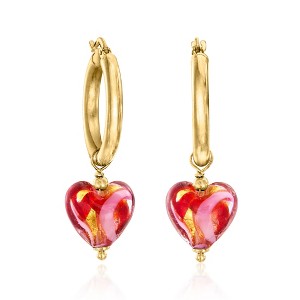 Ross-Simons Italian Pink and Red Murano Glass Heart Hoop Drop Earrings in 18kt Gold Over Sterling - 1 of 4