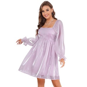 Womens Puff Sleeve Square Neck Puffy Dress Babydoll Mesh Minidress Purple XL - 1 of 4