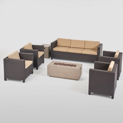 Hammersmith 7pc Wicker Chat Set with Fire Pit - Dark Brown/Beige - Christopher Knight Home