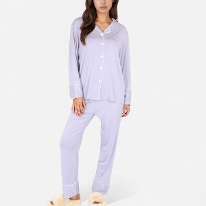 Anna-Kaci Lounge Women's Long Sleeve Button Front Pajama Set with Contrast Piping Trim - 1 of 4