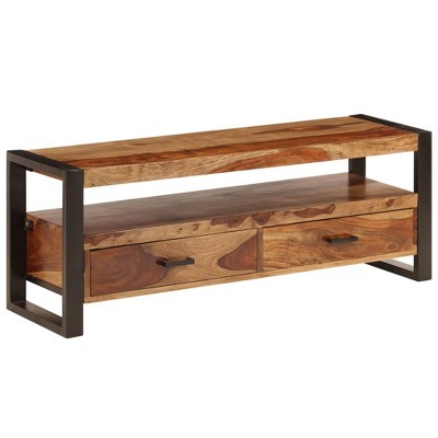 vidaXL TV Cabinet Brown, Black Solid Sheesham Wood, Powder-Coated Steel