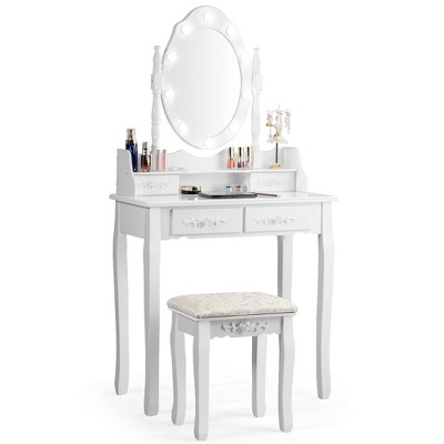 Costway Makeup Vanity Dressing Table Set w/10 Dimmable Bulbs Cushioned Stool