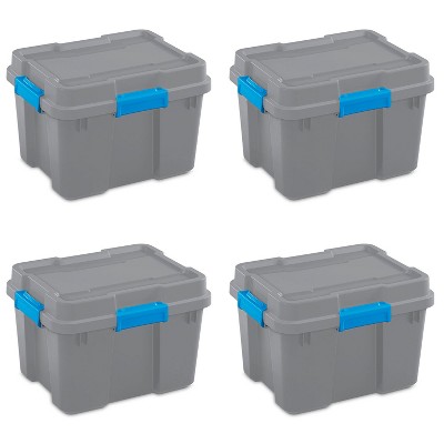 Sterilite 20 Gallon Heavy Duty Plastic Gasket Tote Stackable Storage Organization Container Box with Lid and Latches, Titanium Gray/Blue (4 Pack)