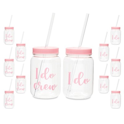 Blue Panda I Do Crew Plastic Mason Jars for Bachelorette Party, Bridal Shower, 12 Piece Set