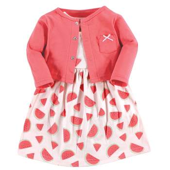 Hudson Baby Infant Girl Cotton Dress and Cardigan Set, Coral Watermelon