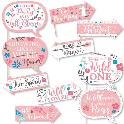 Big Dot of Happiness Funny SHe's a Wild One - Boho Floral 1st Birthday Party Photo Booth Props Kit - 10 Piece