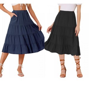 INSPIRE CHIC Women's Midi Solid Elastic Waist Flare Tiered A-Line Skirt with Pockets 2 Packs - 1 of 4