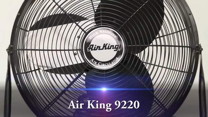 Air King 12 Inch 1/25 Horsepower 3-Speed Indoor Industrial and Commercial Open Motor Pivoting Warehouse Garage Steel Floor Fan, Black, 2 of 8, play video