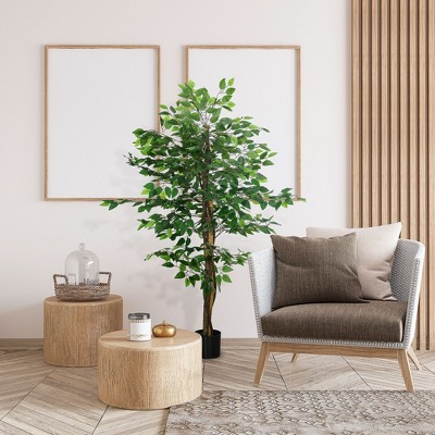 59'' Green Plastic Potted Artificial Ficus Tree for Indoor Outdoor