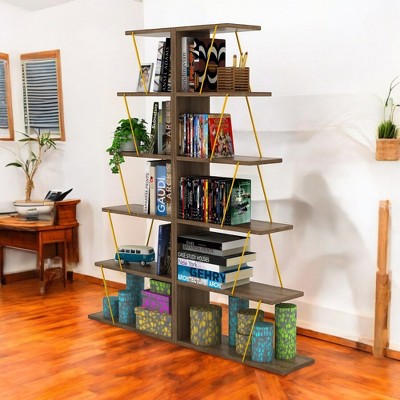 Alilang 7.00 Inch 5-Tier Ladder Bookshelf with Wooden Shelves and Decorative Yellow Metal Supports - Walnut