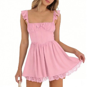 Women's Square Neck Ruffle Strap Mini Dress Lace Up Back Lace Trim Hem For  Summer Wear Pink M : Target