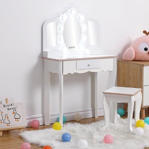 Kids Vanity with Lighted Mirror, Little Girls Vanity Table & Stool, Kids Makeup with Tri-Fold Mirror - 1 of 4
