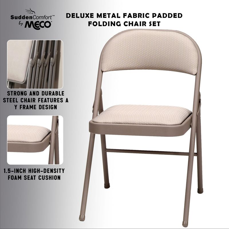 MECO 037.25.4N4 Sudden Comfort Deluxe Indoor/Outdoor Steel Metal Fabric Padded Folding Fold Up Party Card Chair, Buff Frame and Sand Tan Seat (4 Pack), 2 of 7