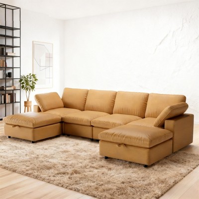 Dyonery cat paw leather sofa, large combination sofa with storage stool, widened seat cushion, suitable for living room