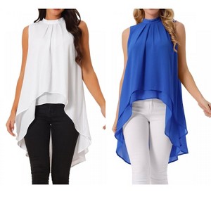 INSPIRE CHIC Women's Casual Tie Back Asymmetrical High Low Sleeveless Mock Neck Flowy Blouse 2 Packs - 1 of 4