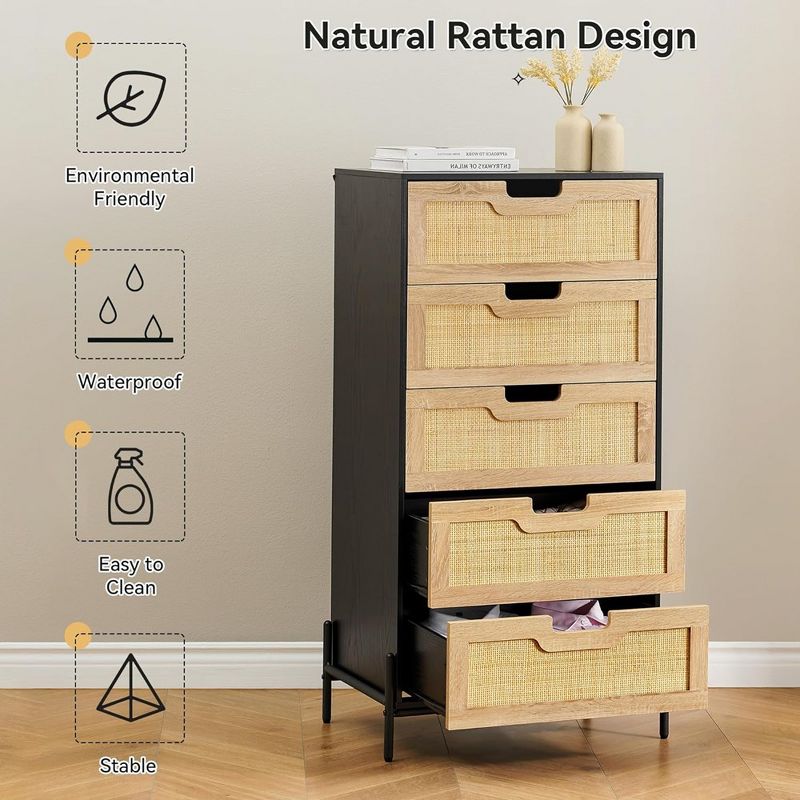 Whizmax Modern Rattan 5 Drawers Dresser, Double Dresser for Bedroom, Chest of Drawers Closet Organizers for Bedroom Living Room Hallway Office, 3 of 8