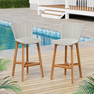 Outdoor Bar Stool, Teak Finished Wood with Light Brown Wicker, Set of 2 - 1 of 4