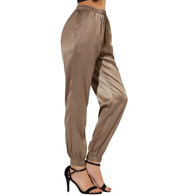 INSPIRE CHIC Women's Drawstring Elastic Waist Ankle Length Satin Joggers Pants with Pocket