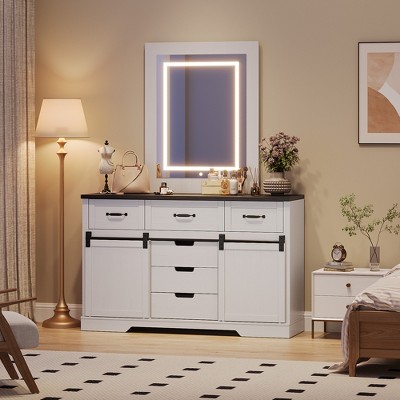 6 Drawers Dresser for Bedroom with Sliding Barn Doors, Vanity with LED Mirror, Dresser Organizer for Bedroom, Living Room, White