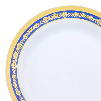 Smarty Had A Party 10.25" White with Blue and Gold Royal Rim Plastic Dinner Plates (120 Plates)