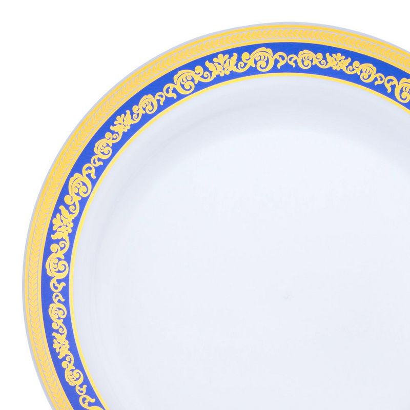 Smarty Had A Party 10.25" White with Blue and Gold Royal Rim Plastic Dinner Plates (120 Plates), 1 of 4