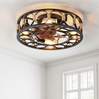 HANPURE Caged Ceiling Fan with Lights, Remote Control, Flush Mount, 6 Speeds Reversible Blades, 5 LED Bulbs Included, Farmhouse Modern (Black)