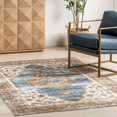 Gracie Brown and Ivory Medallion Washable Synthetic Rug
