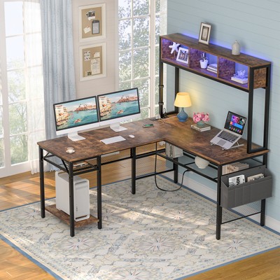Aheaplus Reversible L-shaped Computer Desk with Storage Shelves and LED Strip and Power Outlets