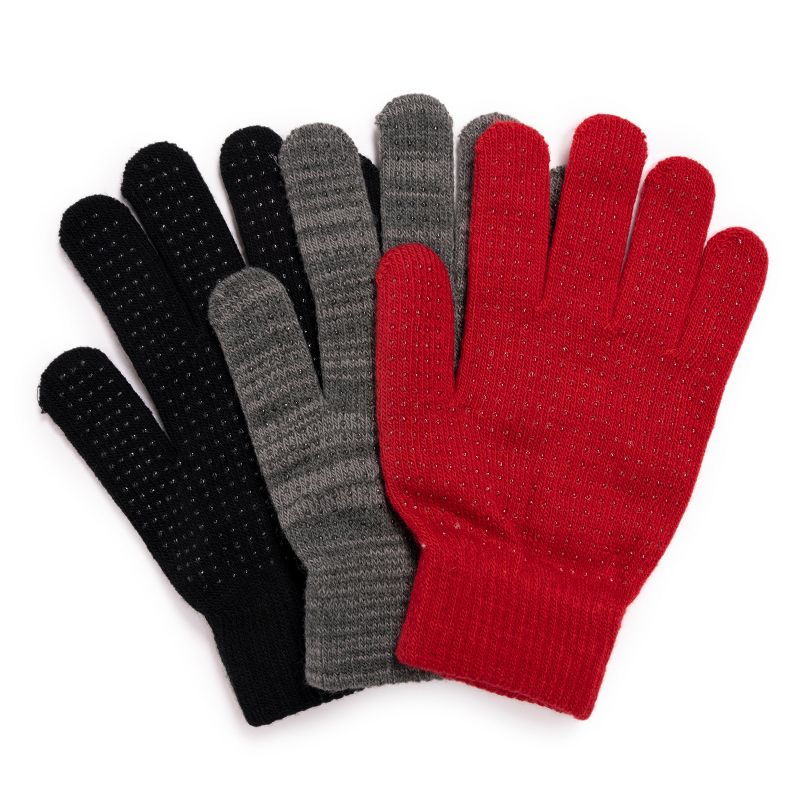 MUK LUKS Womens  3 Pair Pack of Gloves, Red/Grey/Black, OS, 1 of 2
