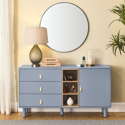 Dresser Closet, 3 Drawer Dresser with Leather Handles, Open Storage Compartment, Solid Wood Round Legs Buffet Cabinet