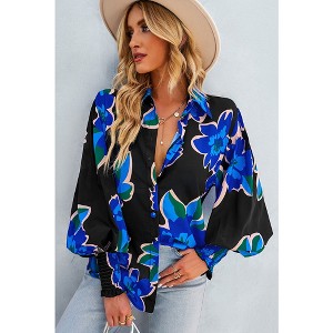 V For City Women's Chic Casual Floral Print Button-Front Shirts Bishop Sleeves Blouse Tops - 1 of 4