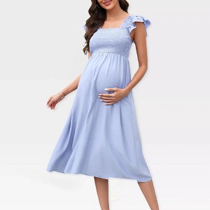 Maternity Dress Shirred Flutter Cap Sleeve Dress Square Neck Ruffle Cap Sleeve Midi Maternity Dress for Baby Shower Photography - 1 of 4
