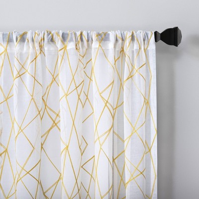 Gold Geometric Embroidery Semi-Sheer Rod Pocket Curtain Panel