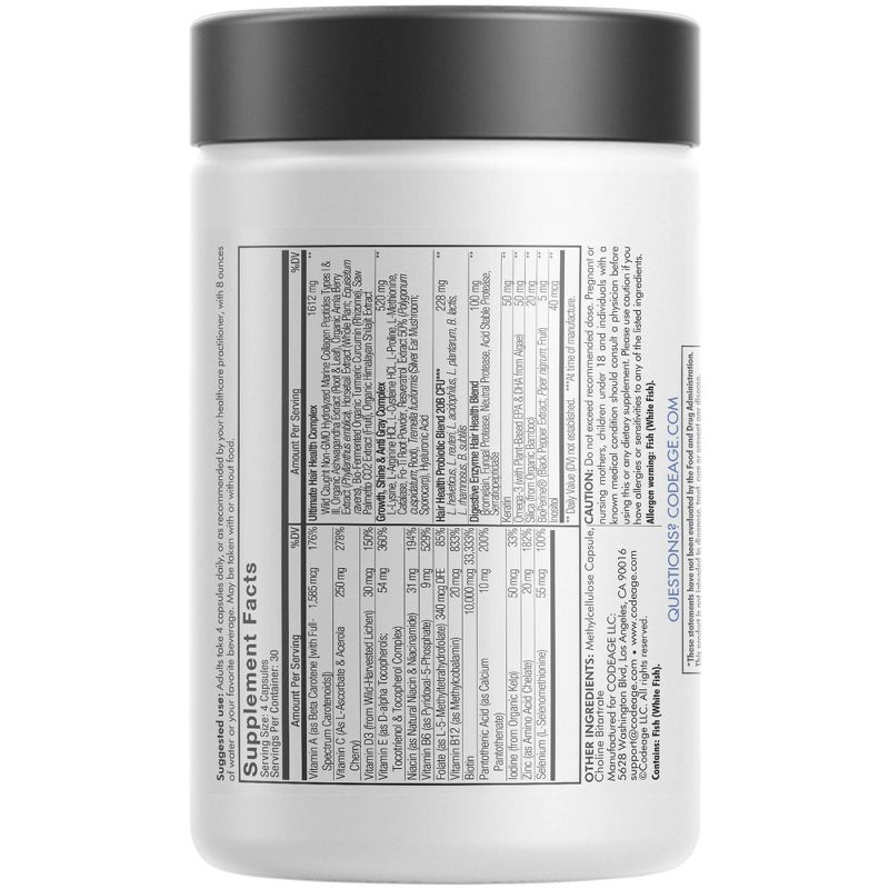 Codeage Hair Vitamins Biotin 10000 mcg Keratin Collagen Supplement Capsules - 120ct, 3 of 16