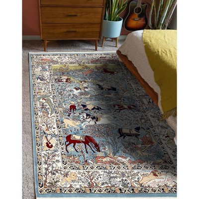 Blue and Tan Floral Synthetic 8' x 10' Area Rug