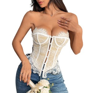 Clearlove Women's Lace Trim Low Cut Curve Button Down Strapless Corset Top Bustier Tube Tops - 1 of 4