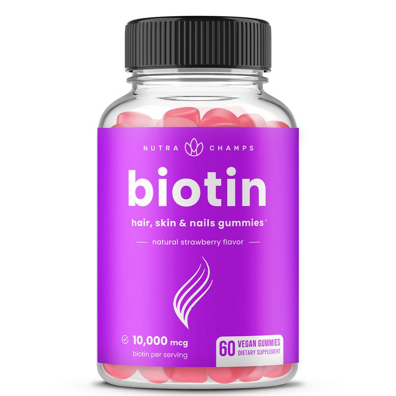 NutraChamps Biotin Gummies 10,000 mcg for Hair, Skin & Nails- 60 Vegan Chewables, 1 of 7