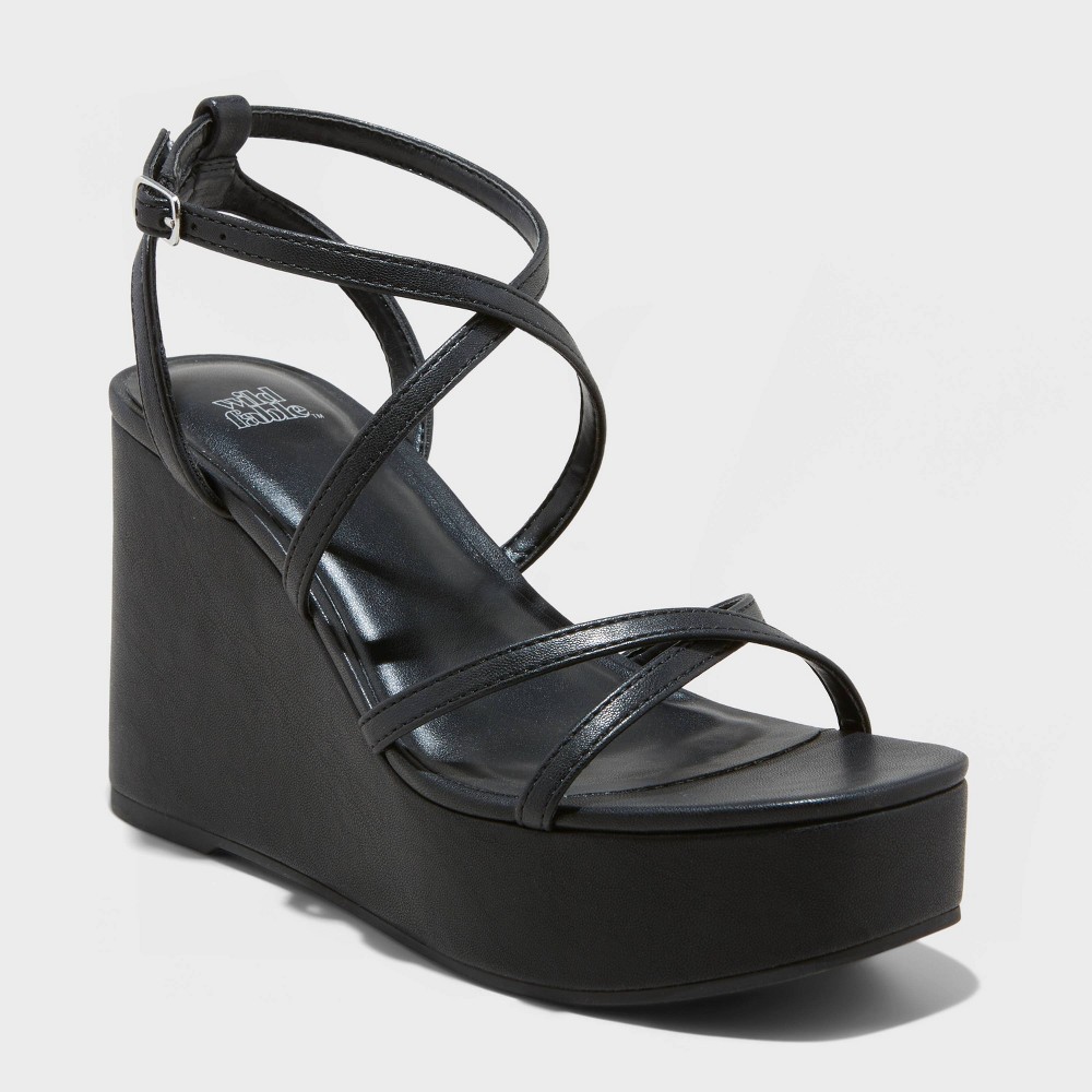 Women's 9 1/2 Ronnie Strappy Platform Wedge Heels with Memory Foam Insole - Wild Fable™ Black 9.5