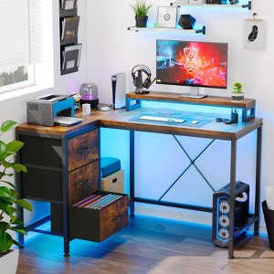 43 Inch Computer Desk, L Shaped Desk with Power Outlets and Led Lights, 3-Drawer Gaming Desk with Storage Shelves and Monitor Stand - 1 of 4