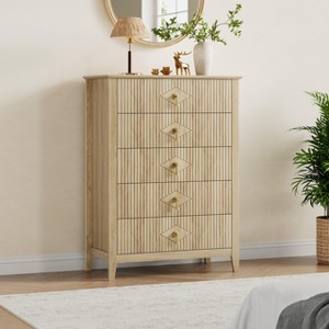 Fluted 5 Drawer Dresser for Bedroom, 42.9 Inch Tall Modern Nightstand Wooden Chest of Drawers with Gold Handles - 1 of 4