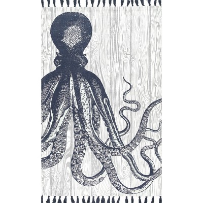 Ivory Cotton Flat-Woven Octopus Tassel Area Rug, 5' x 8'