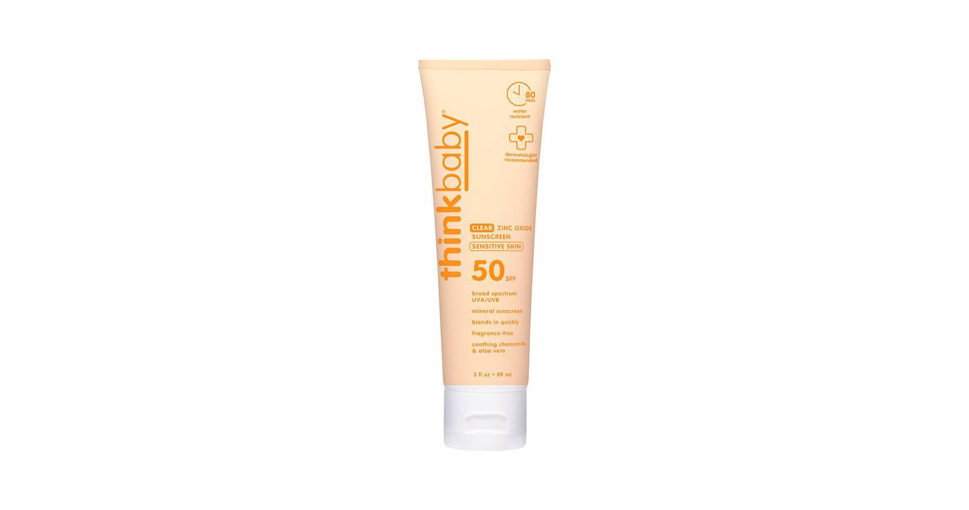 thinkbaby Clear Sunscreen for Sensitive Skin with Non-Nano Zinc Oxide, UVA/UVB Protection - Water Resistant - SPF 50 - 3 fl oz